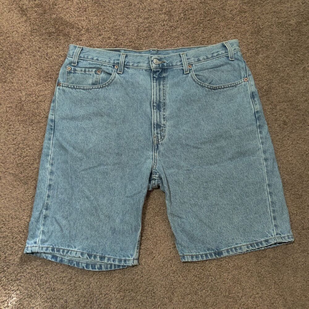 Vintage Levi's 505 Jean Shorts Mens 38 Blue Relaxed Fit Black Bat Wing Y2K Jorts - Picture 2 of 8
